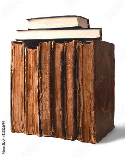 Obraz na płótnie Old shabby and new books on white background. Old vs new concept. Closeup. w salonie