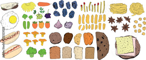 A set of food in sketch style in color. collection of food fruits vegetables and bread, spices greens, isolated elements for a design template