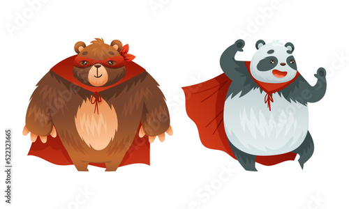 Superhero animal kids set. Funny bear and panda in red capes and masks cartoon vector illustration