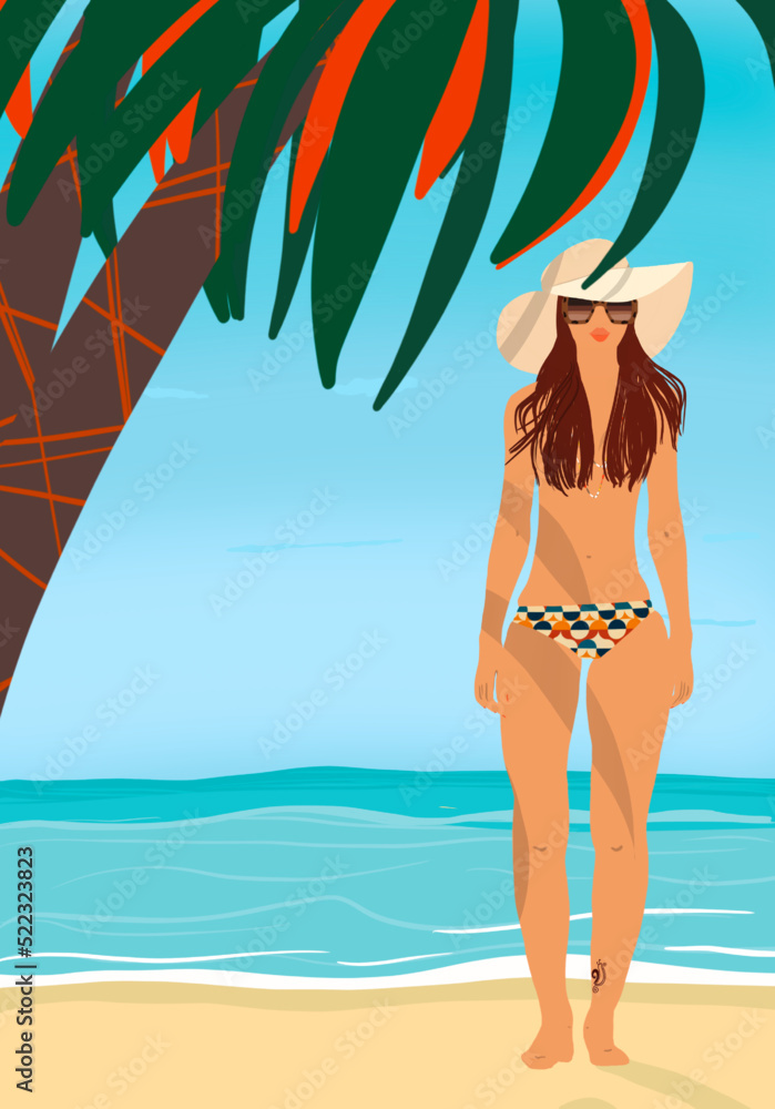 Illustration femme sein nus avec chapeau au bord plage style vintage