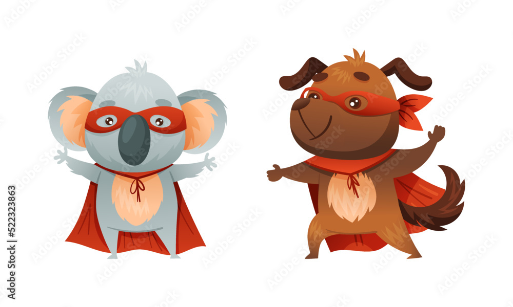 Superhero animal kids set. Funny koala bear and dog in red capes and masks cartoon vector illustration