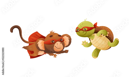 Superhero animal kids set. Funny monkey and turtle in red capes and masks cartoon vector illustration