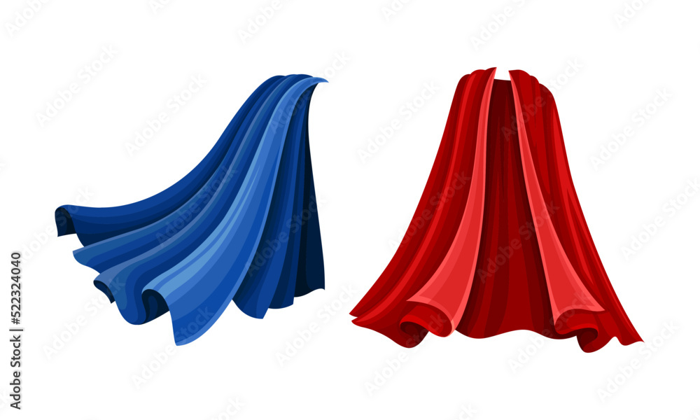 Flying capes set. Red and blue carnival cloak, costume of superhero cartoon vector illustration Flying capes set. Red and blue carnival cloak, costume of superhero cartoon vector illustration
