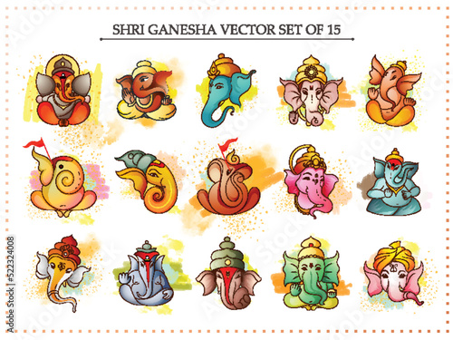 happy Ganesh Chaturthi traditional ganpati vector Design set of 15 