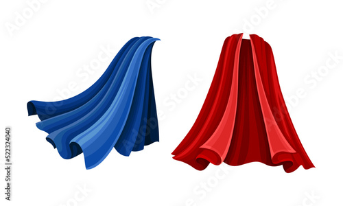 Flying capes set. Red and blue carnival cloak, costume of superhero cartoon vector illustration