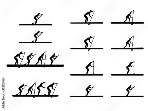 Stand up paddling.A large set of surfers with a paddle. Teams and individual athletes. Black silhouettes of people isolated on a white background.Emblem, badge, logo. Vector illustration.