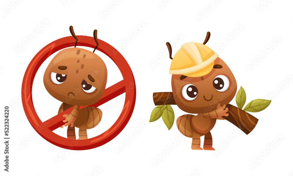 No ants prohibition sign with sad ant inside, cute brown little ant in ...