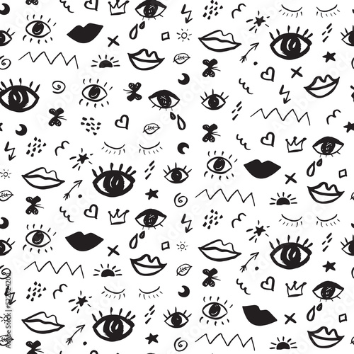 Eyes and lips with doodles vector seamless pattern