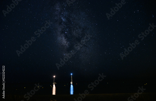 Menorca, Spain: Panoramic long exposure Night astrophotography. Milky Way over Son Bou beach, Menorca, Balearic Islands, Spain