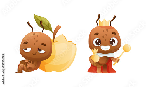 Cute little ant eating apple, queen ant in red mantle and golden crown. Funny insect in everyday activities cartoon vector illustration