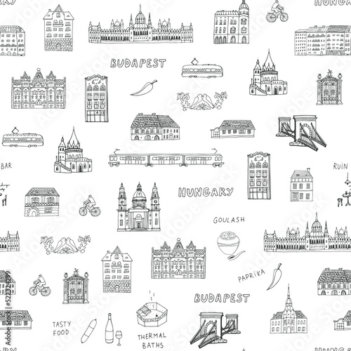 Travel Budapest Hungary vector line seamless pattern