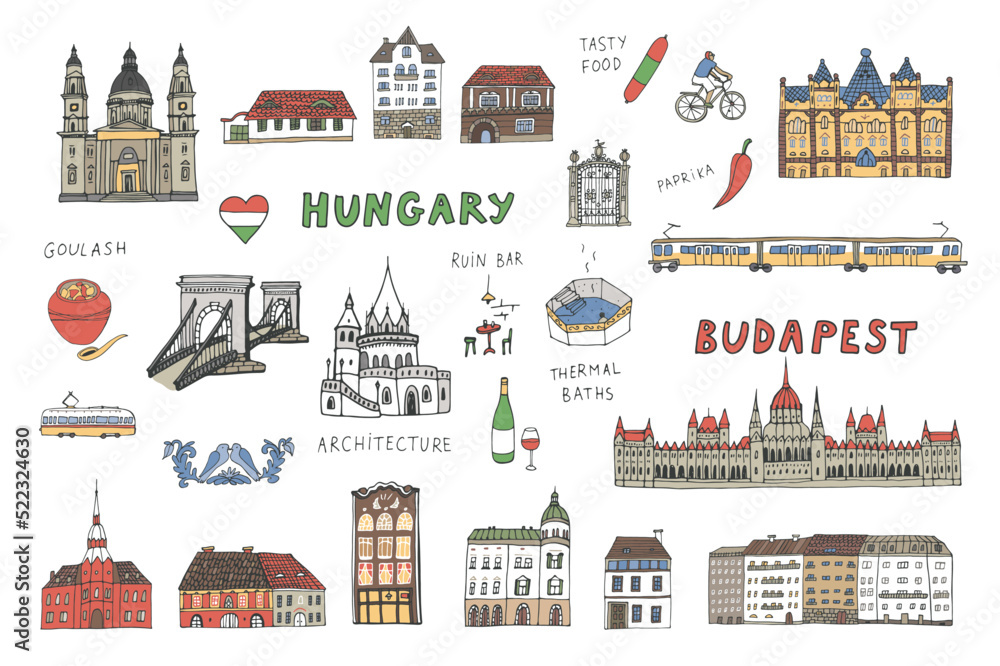 Obraz premium Travel Budapest Hungary vector objects and architecture illustrations set