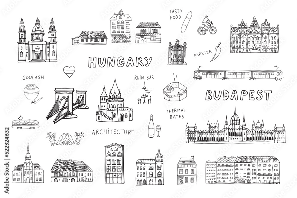 Fototapeta premium Travel Budapest Hungary vector objects and architecture illustrations line set