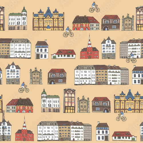 Canvas Print Travel Budapest Hungary cute european street with bike and houses vector seamles