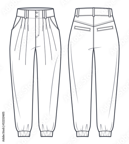 Jogger pants fashion flat technical drawing template.  Jeans Denim pants medium waist, owersize, pockets, women, men, unisex, front, back view, white, CAD mockup.