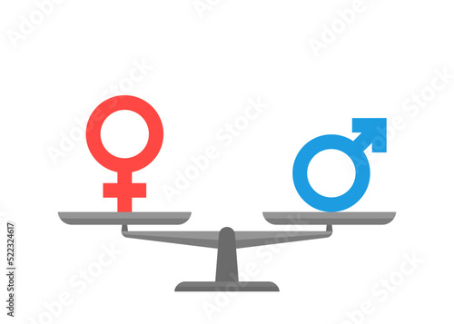 Equality of sex on weight scale, comparison man and woman in equal relation. Libra with gender signs. Vector flat illustration