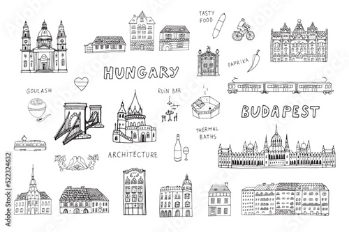 Travel Budapest Hungary vector objects and architecture illustrations line set