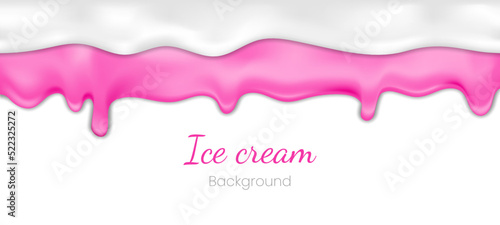 Realistic drip ice cream or frozen yogurt on white background. Syrup sweet liquid splashes, glossy cream border, molten texture 3d vector illustration Melted white and pink icing or sweet sauce drop.