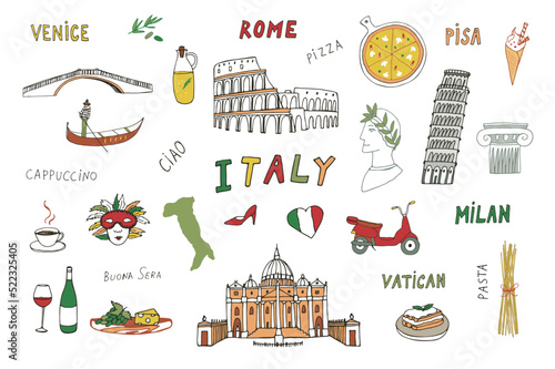 Travel Italy travel landmarks vector illustrations set