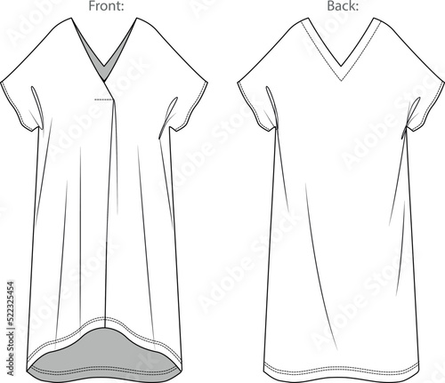 Vector wrap sleeveless maxi dress fashion CAD, woman v-neck long dropped shoulder dress technical drawing, template, flat, sketch. Jersey or woven fabric dress with front,back view, white color