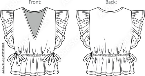 Vector sleeveless top with ruffles fashion CAD, woman tank top with frills elasticized waistband technical drawing, template, sketch, flat.Jersey or woven fabric top with front, back view, white color