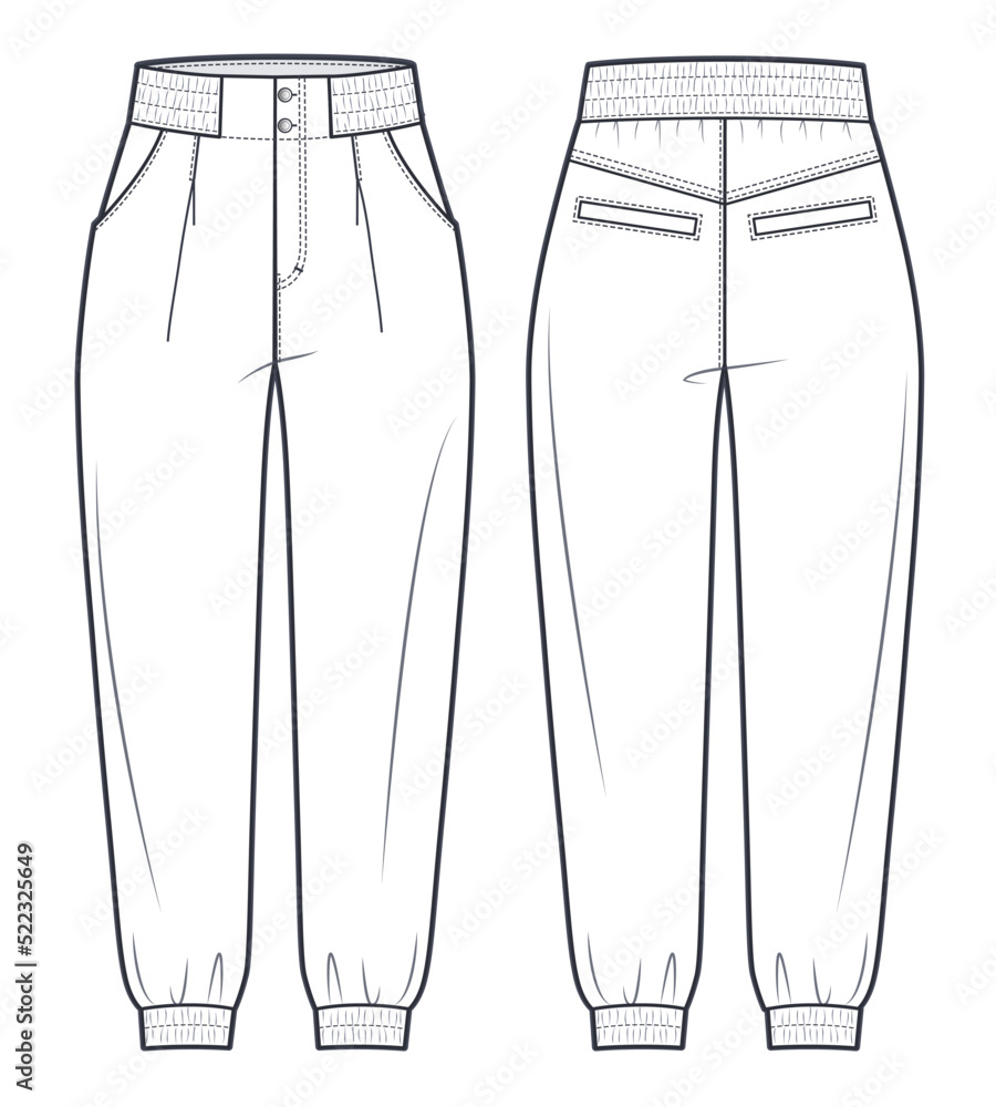 Jogger pants fashion flat technical drawing template. Elastic Waistband  Pants, medium waist, owersize, pockets, women, men, unisex, front, back  view, white, CAD mockup. Stock Vector