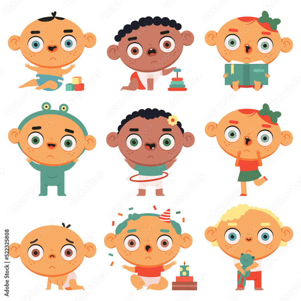 Cute baby vector cartoon characters set isolated on a white background. Cute baby vector cartoon characters set isolated on a white background.