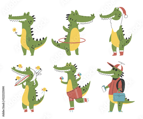 Cute crocodiles characters vector cartoon set isolated on a white background.