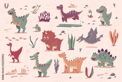 Cute dinosaurs, prehistoric plants vector cartoon set isolated on background.