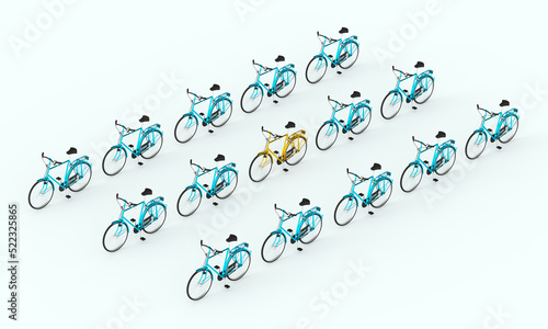 Bicycle pattern on a blue background. Minimal style. 3d render on the theme of bicycles, shops, outdoor activities, spare parts.