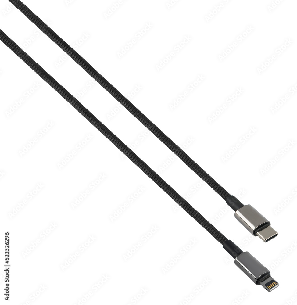 cable with USB and Lightning connector, on white background cable with USB and Lightning connector, on white background
