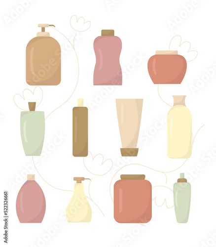 Set of vector color cosmetic bottles in Flat style on a white background. Collection of different forms and types container