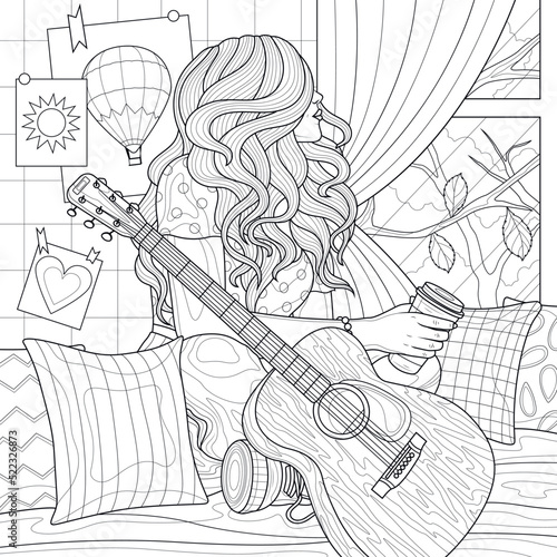 A girl with a guitar on the bed looks out the window.Coloring book antistress for children and adults. Illustration isolated on white background.Zen-tangle style. Hand draw