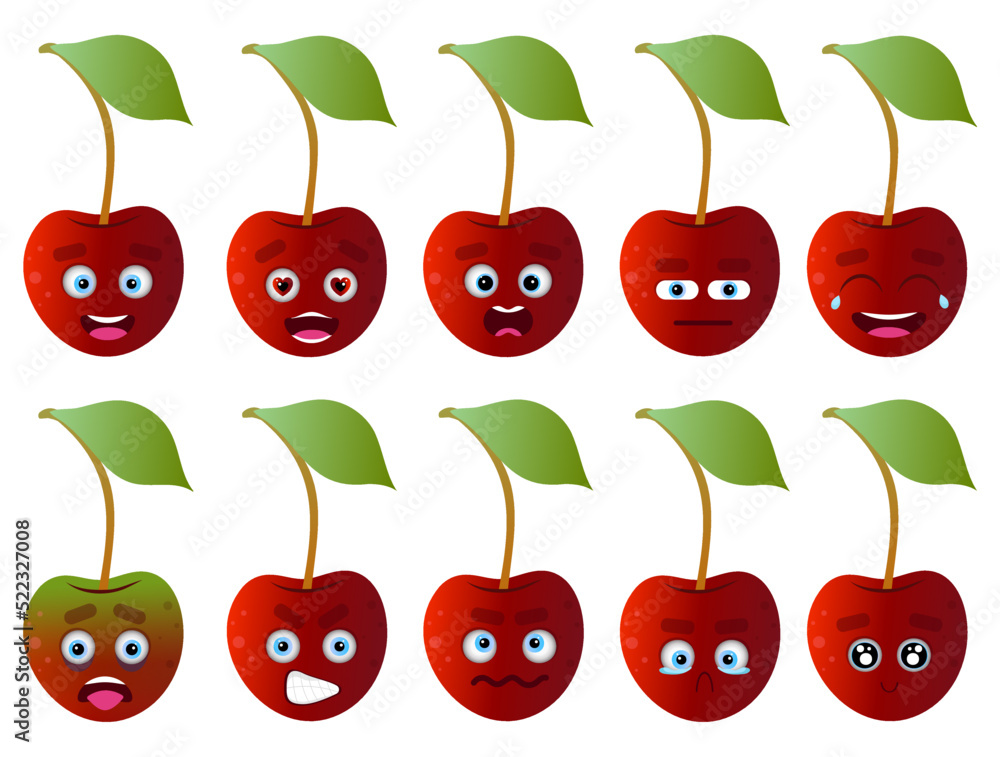 A set of stickers of sweet cherries with emotions. Cherries with faces. Fruit. Sweet cherry A set of stickers of sweet cherries with emotions. Cherries with faces. Fruit. Sweet cherry