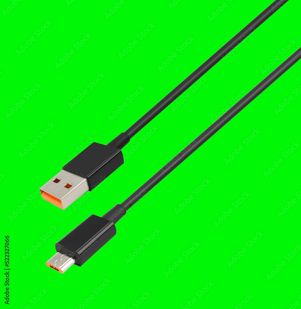cable with USB and micro USB connector, on a green background cable with USB and micro USB connector, on a green background