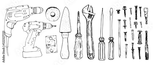 Vector set of tools. sketch-drawn drills and wrench, screwdriver, bolts, nails, screws, grindstone insulated black outline on white for design template