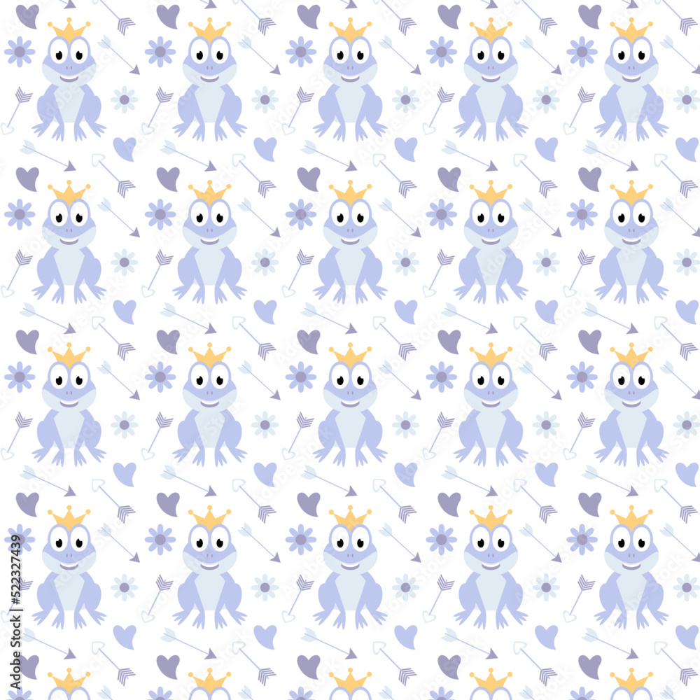 Pattern. Pattern of illustrations of a frog in a crown. Frog princess. Pattern for drawing on fabric for children