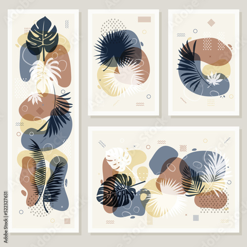 Three tropical leaves collages pastel colors
