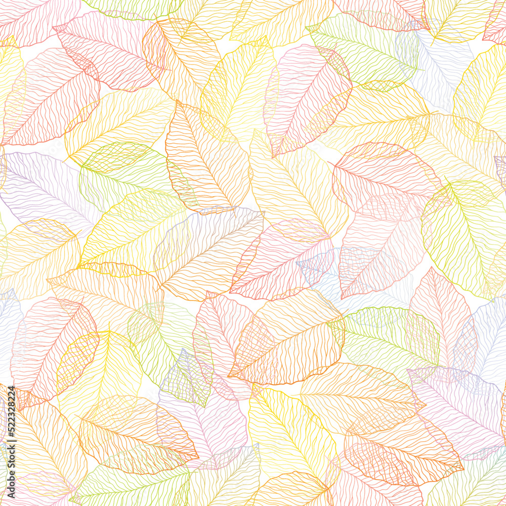 seamless white abstract  floral background with blue, red, pink, yellow, white  leaves. Thin lines are drawn with a pencil