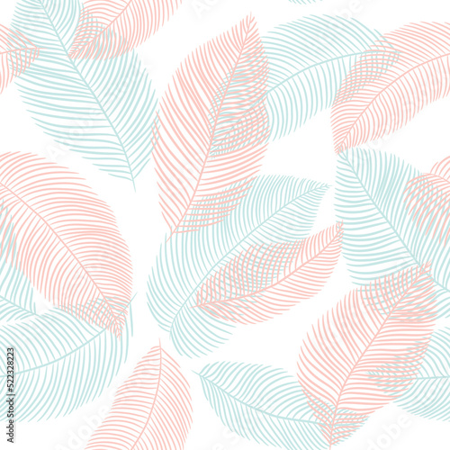 seamless floral abstract background with leaves drawn by thin lines. Blue and pink floral pattern.