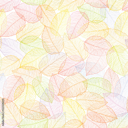 seamless white abstract  floral background with blue, red, pink, yellow, white  leaves. Thin lines are drawn with a pencil photo