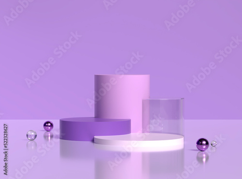 3d Purple pedestal and glass podium with purple metallic sphere for product on purple background. 3d illustration.