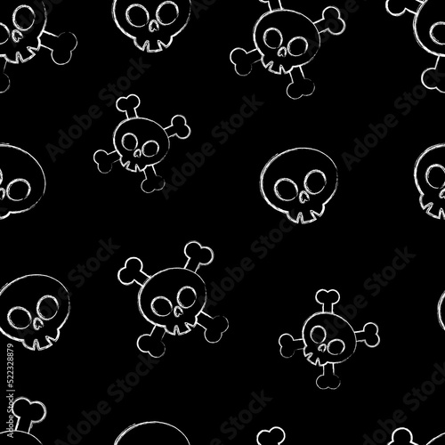Chalk drawn Vector Skull Crossbones Seamless Pattern. Chalk drawn Skull Isolated on Dark background.