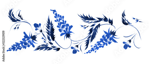 Ukrainian folk painting style Petrykivka. Floral watercolor border pattern from indigo blue flowers and leaves isolated on a white background. Ethnic design photo