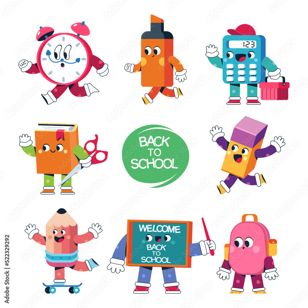 Fototapeta premium Back to school supplies funny characters vector cartoon set isolated on a white background.
