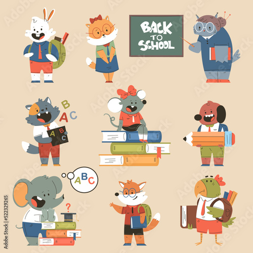 Funny animals back to school vector cartoon characters set isolated on background. © Roi_and_Roi