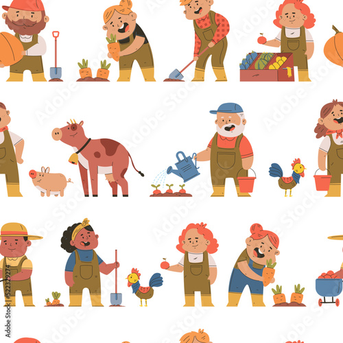 Farmers vector cartoon seamless pattern background for wallpaper, wrapping, packing, and backdrop.