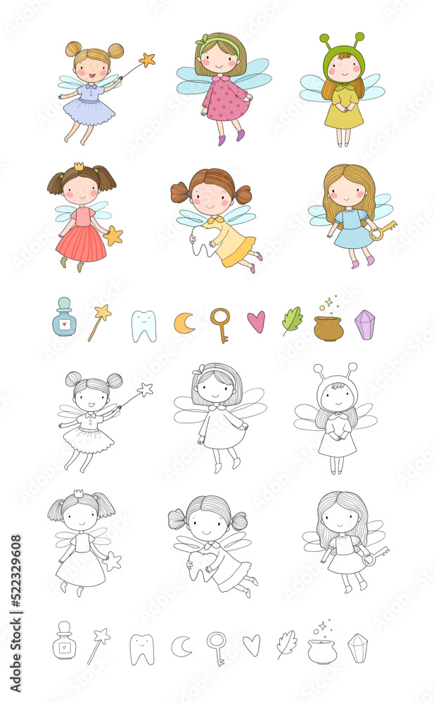 Cute cartoon fairies. Fairy elves. Childrens illustration. tooth Fairy. Illustration for coloring books. Monochrome and colored versions.