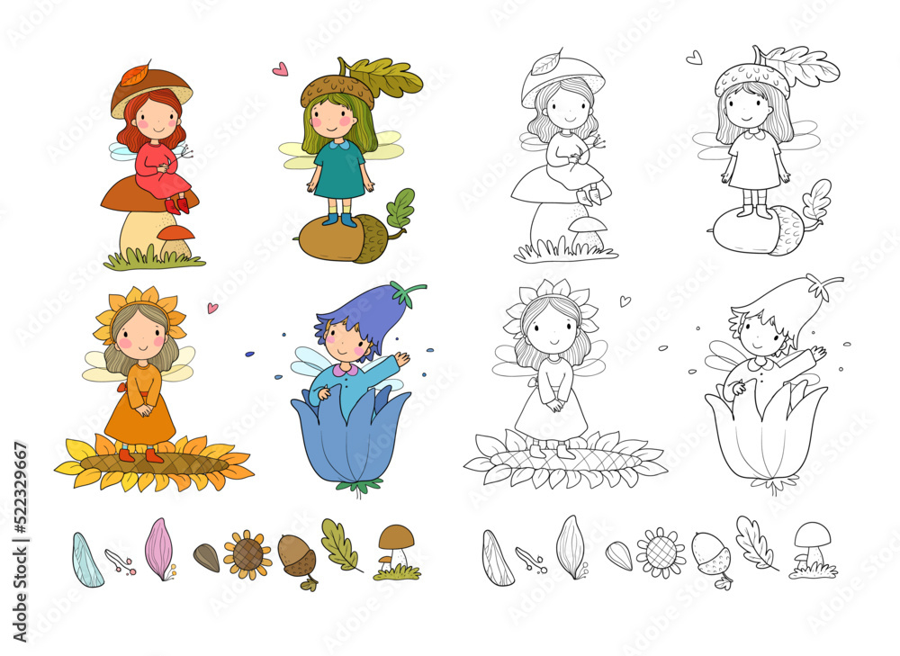 Cute little cartoon fairy girls. forest gnomes. Elves princesses with wings. Illustration for coloring books. Monochrome and colored versions. Vector