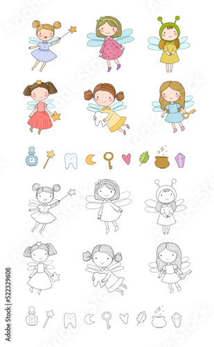 Cute cartoon fairies. Fairy elves. Childrens illustration. tooth Fairy. Illustration for coloring books. Monochrome and colored versions.